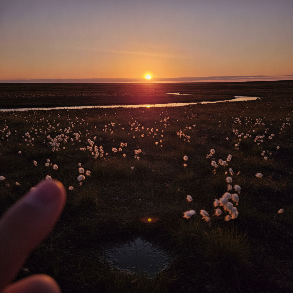 Midnight sun horizontal light across North Slope tundra, Alaska, June AI-generated photoreal reference