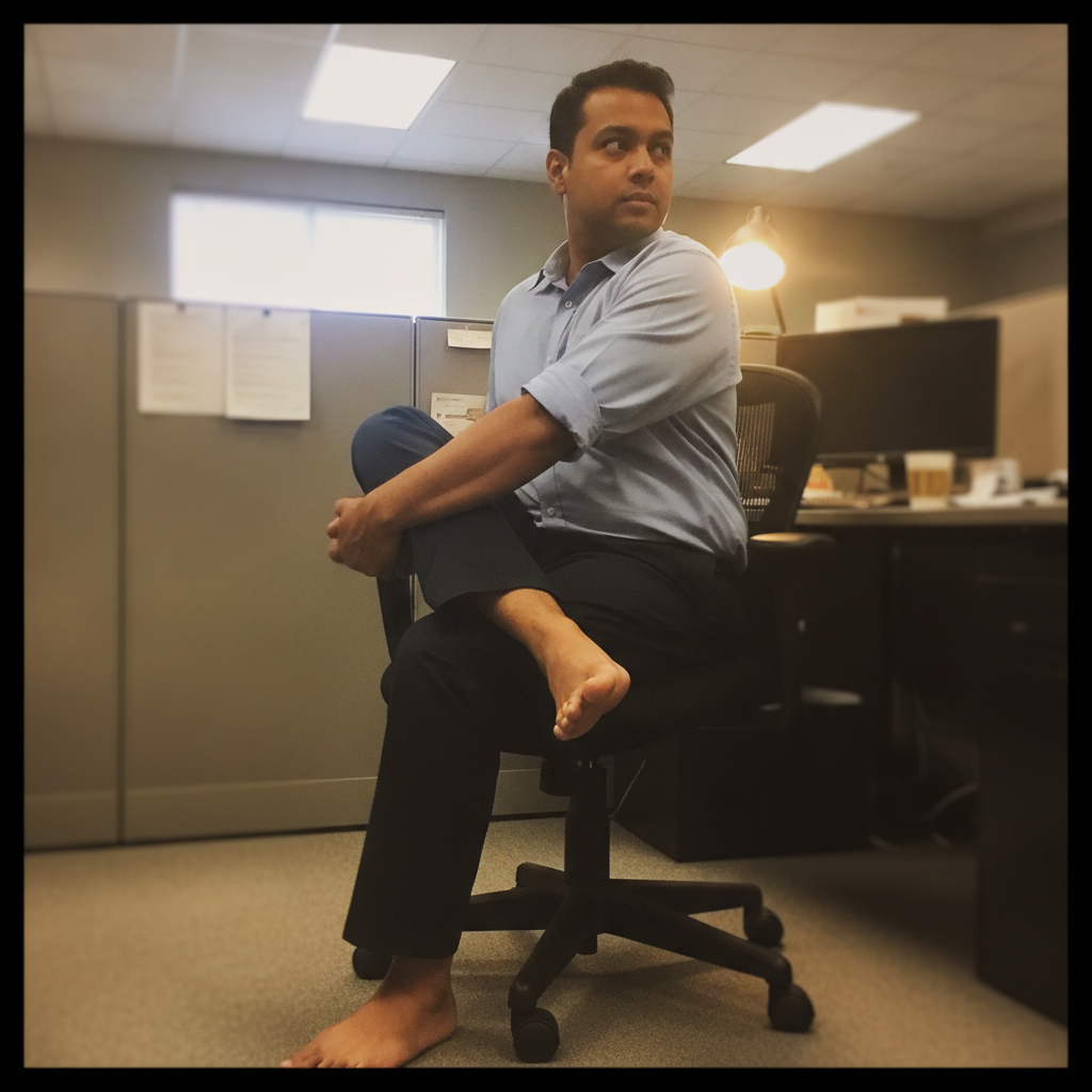 Reaching across to opposite knee, seated twist at 56 AI-generated photoreal reference