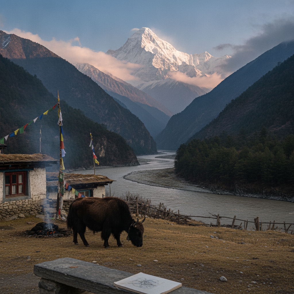 Yarlung Tsangpo gorge from Pe village, Tibet, China AI-generated photoreal reference