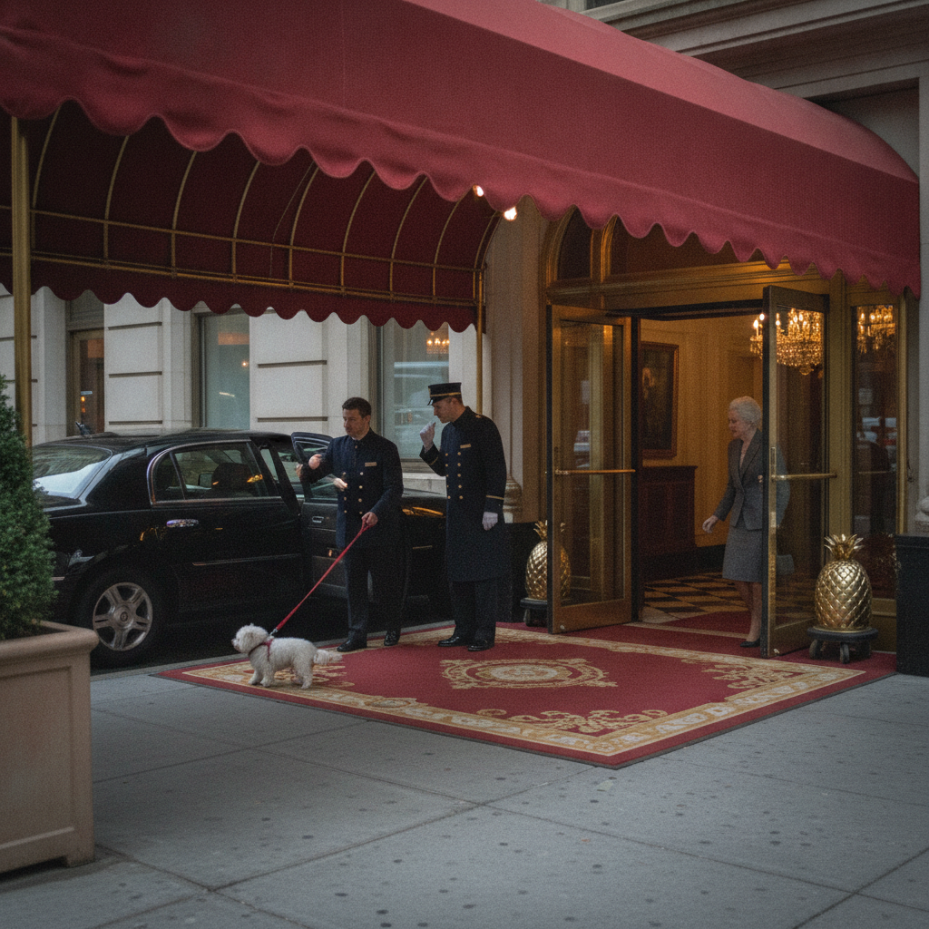 Hotel lobby entrance with doorman AI-generated photoreal reference