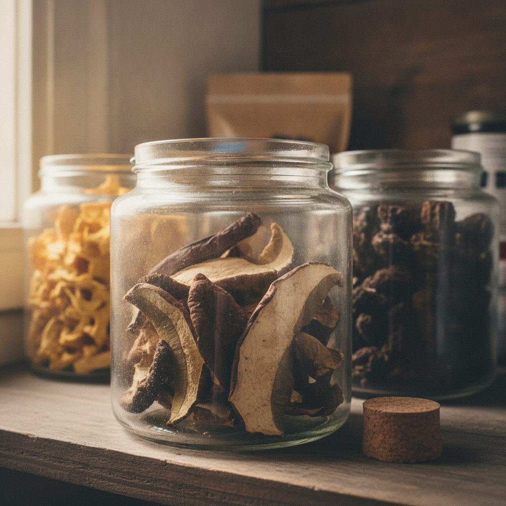 Dried Porcini in Glass Jar AI-generated photoreal reference