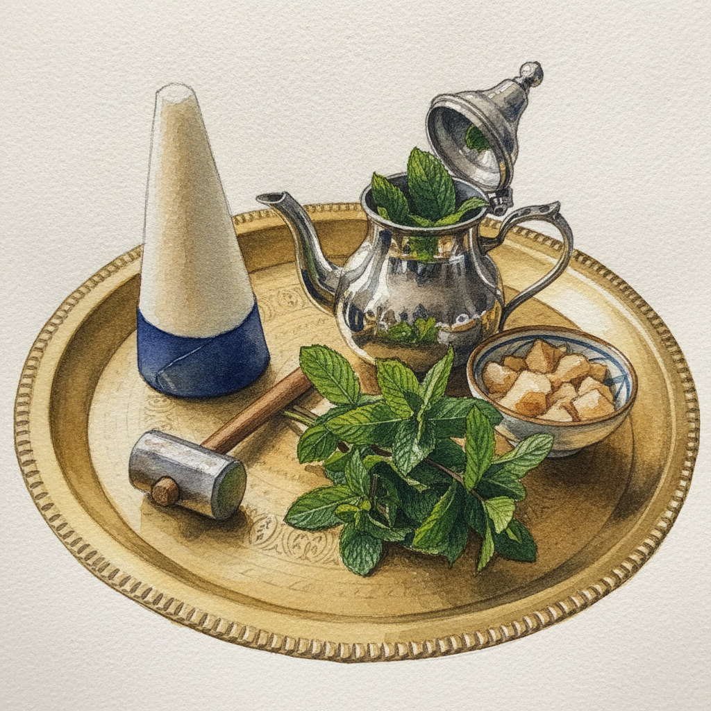 Sugar cone and mint sprigs beside the pot example 1