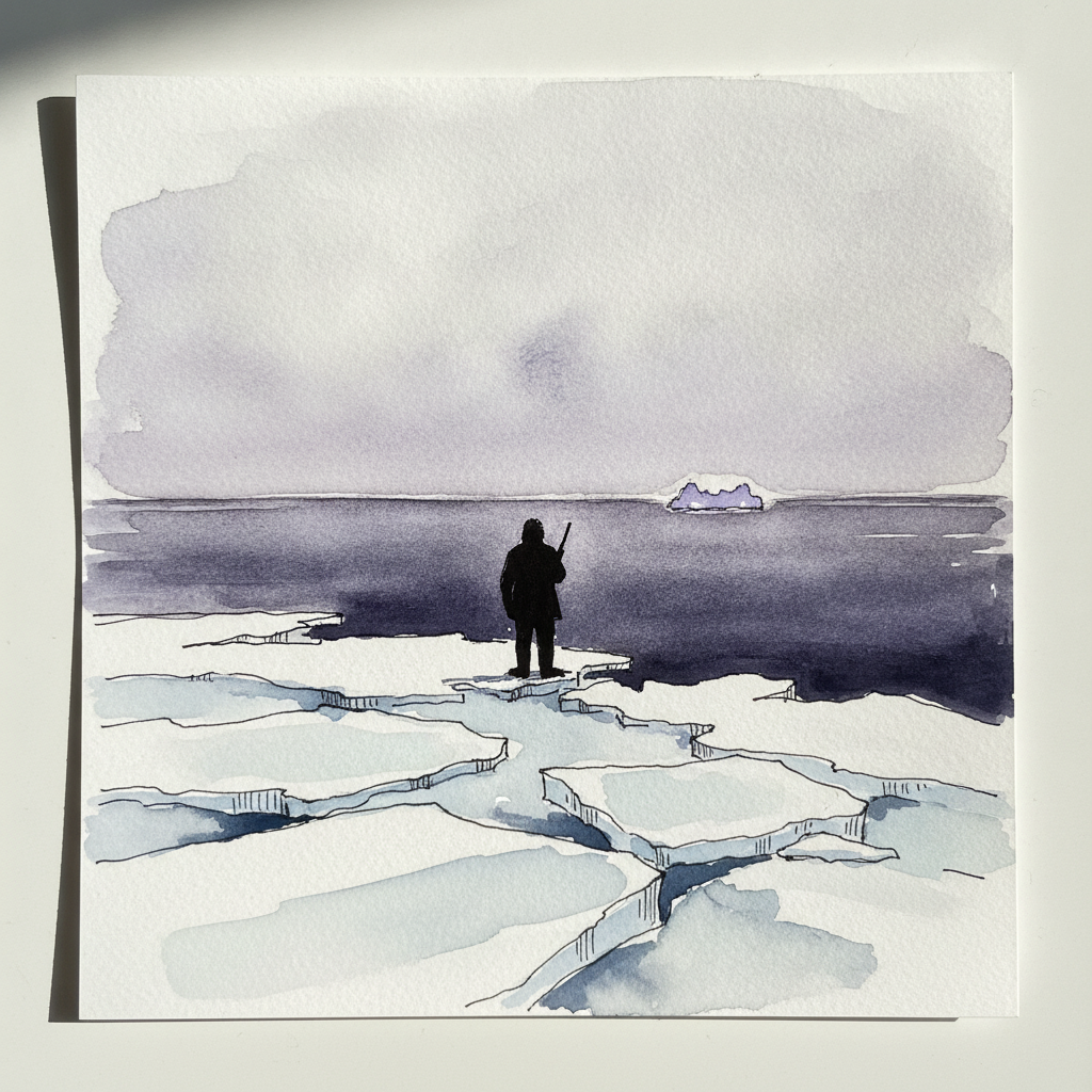 Inuit hunter silhouette at floe edge example 1