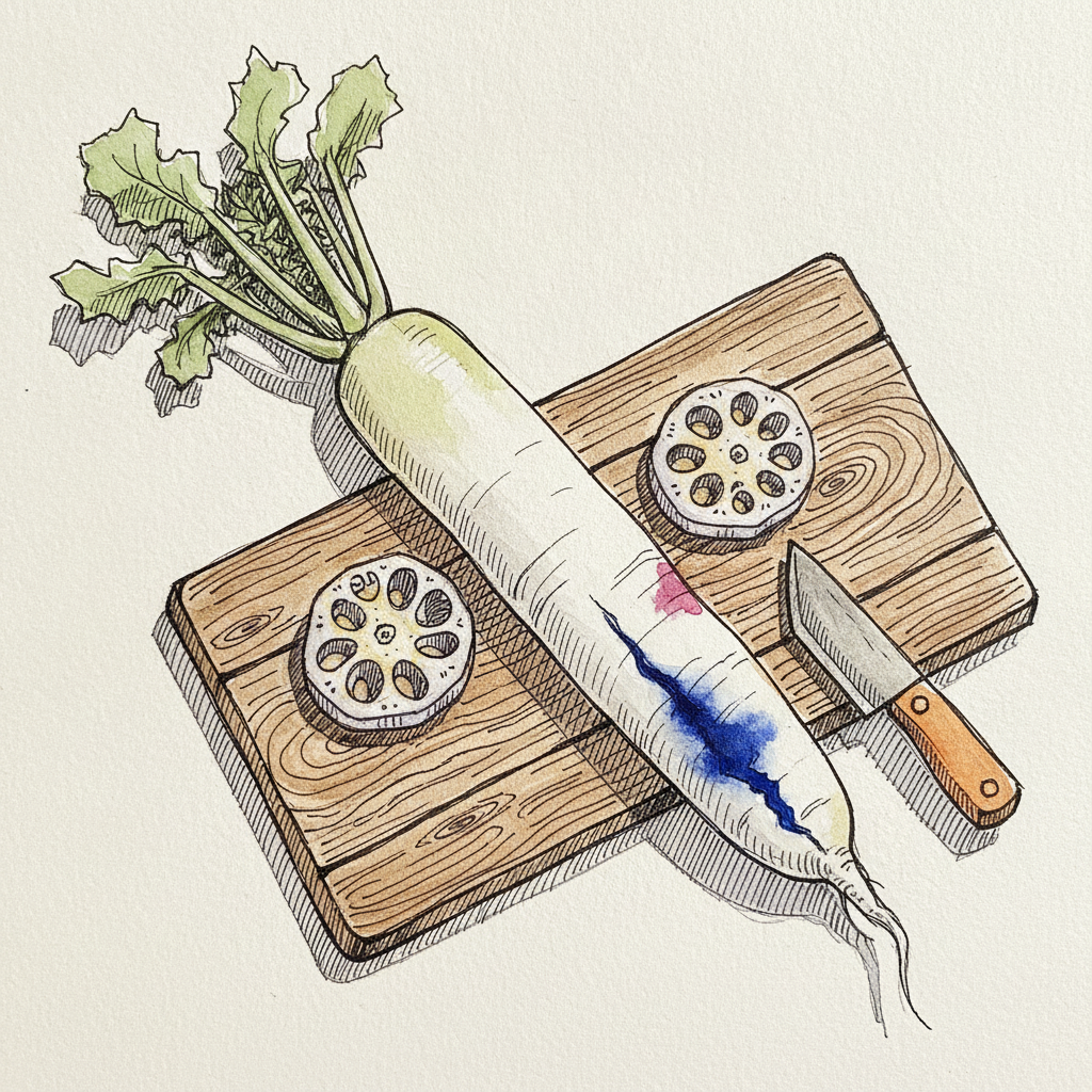 Daikon and lotus root on a wooden plank example 1