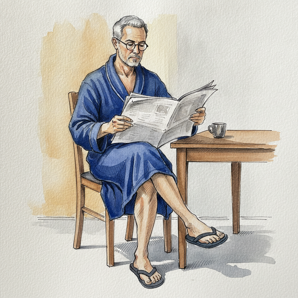 Man in bathrobe reading paper example 1