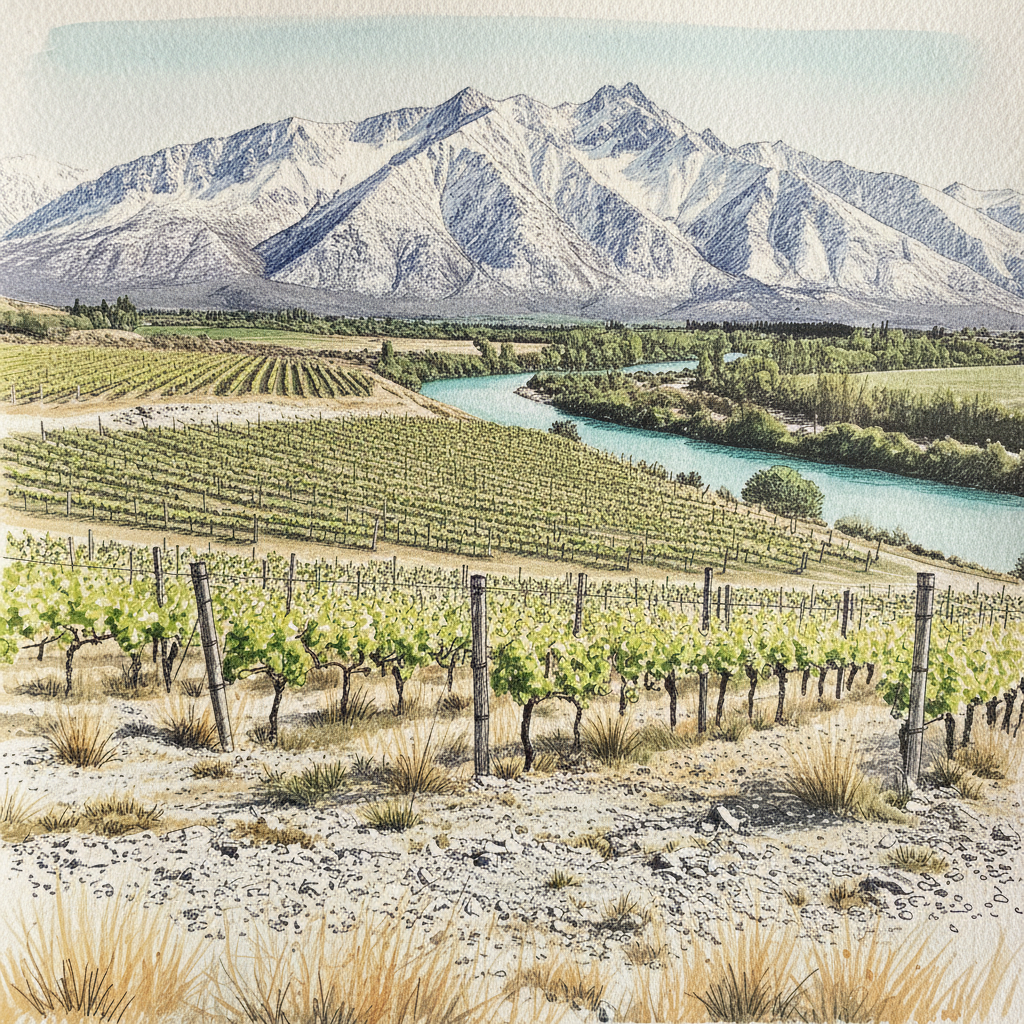 Central Otago Pinot with Pisa Range snow, New Zealand example 1