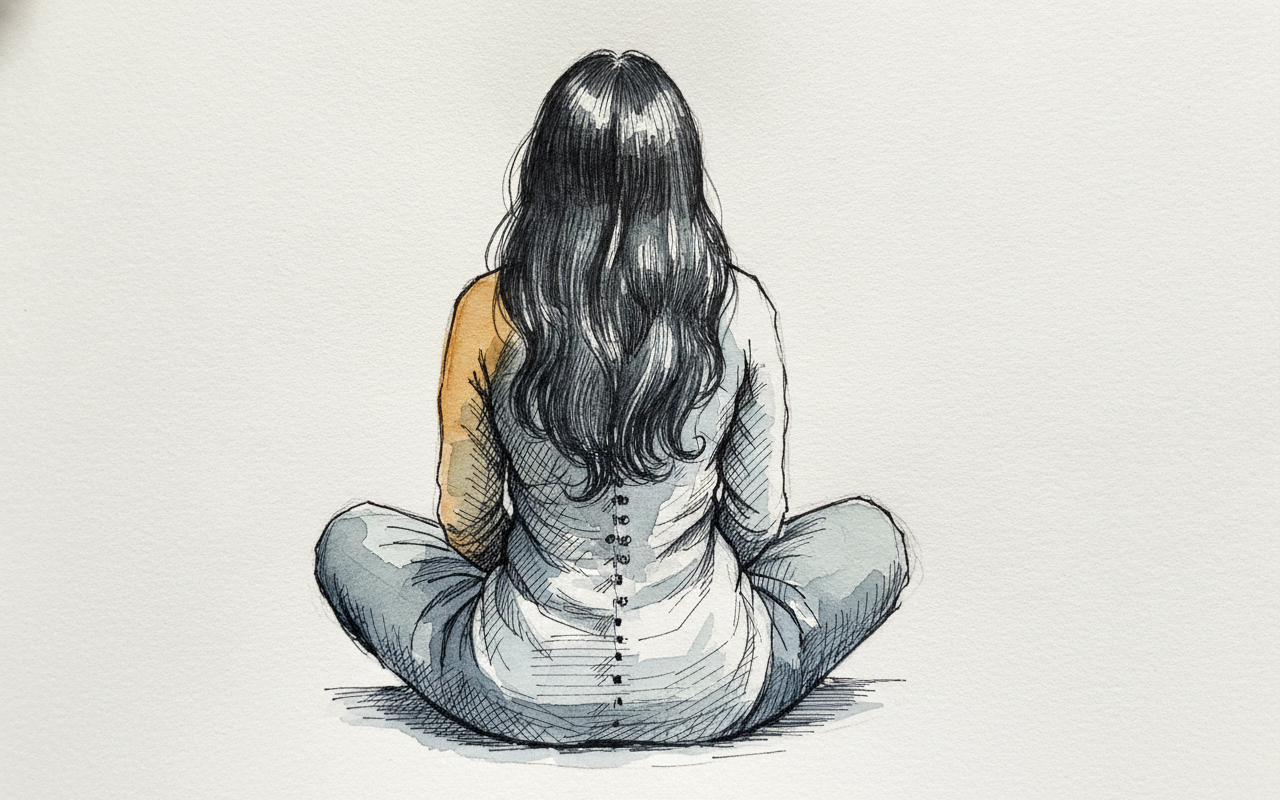 Persian woman 40s cross-legged, long hair down example 1