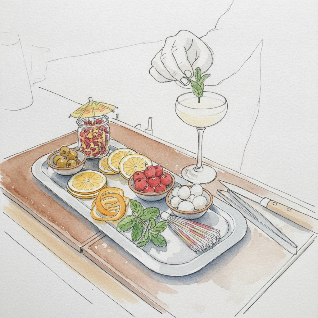 Cocktail garnishes on tray example 1