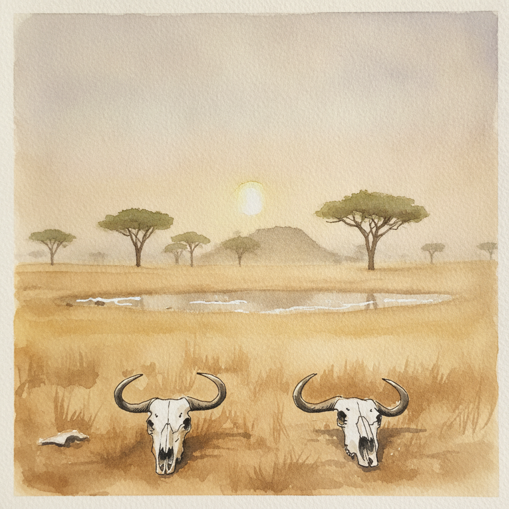 Dust-hazy afternoon Serengeti, central plains — heat shimmer panorama example 1