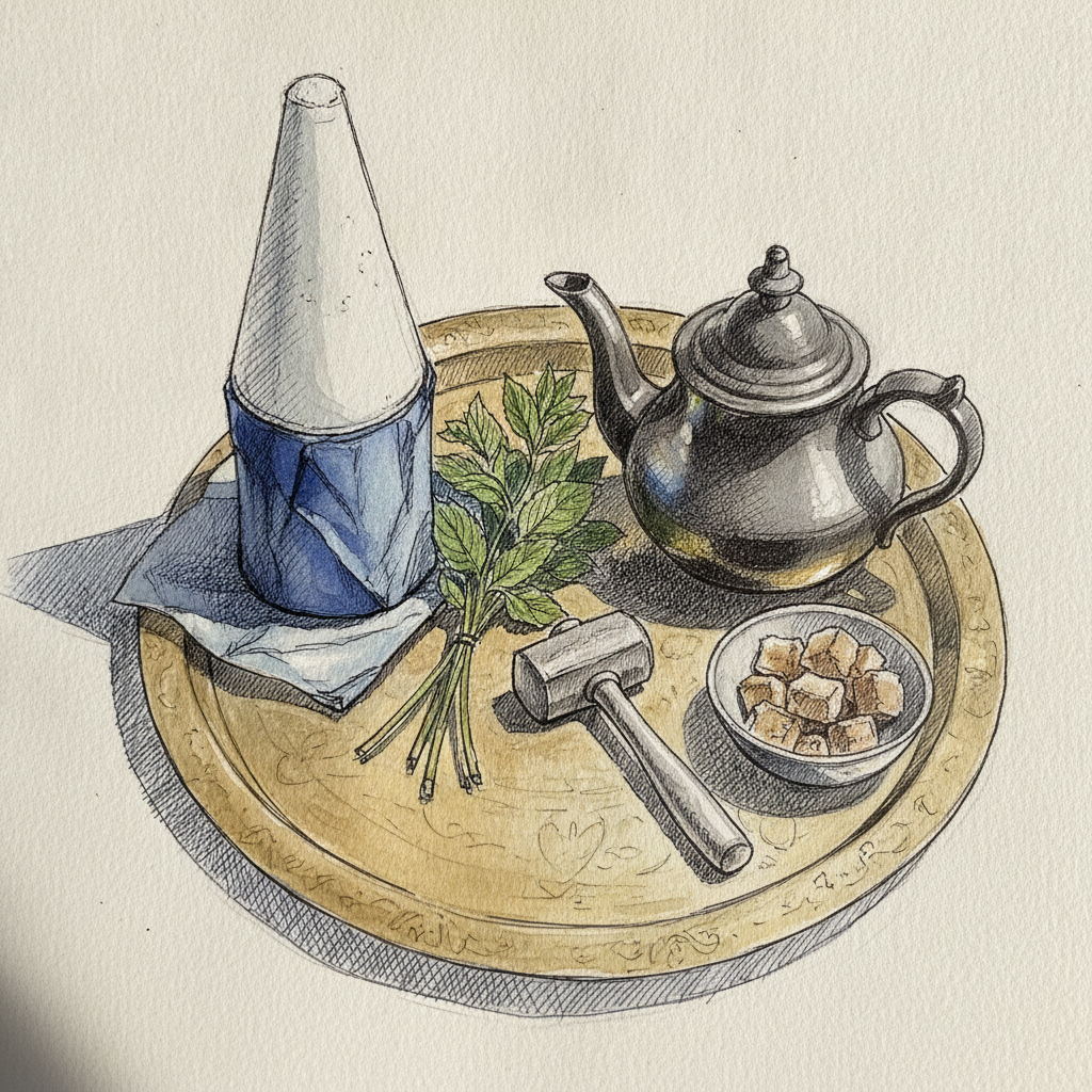 Sugar cone and mint sprigs beside the pot example 2