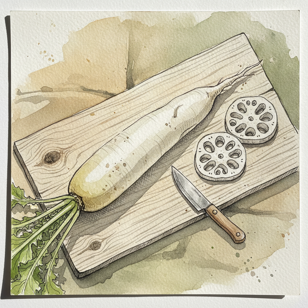 Daikon and lotus root on a wooden plank example 2