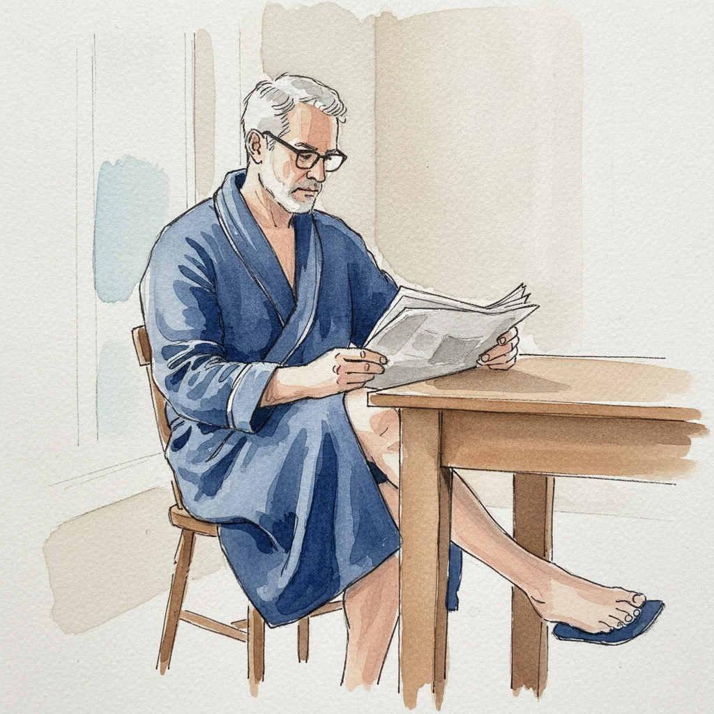 Man in bathrobe reading paper example 2