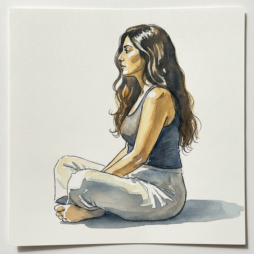 Persian woman 40s cross-legged, long hair down example 2