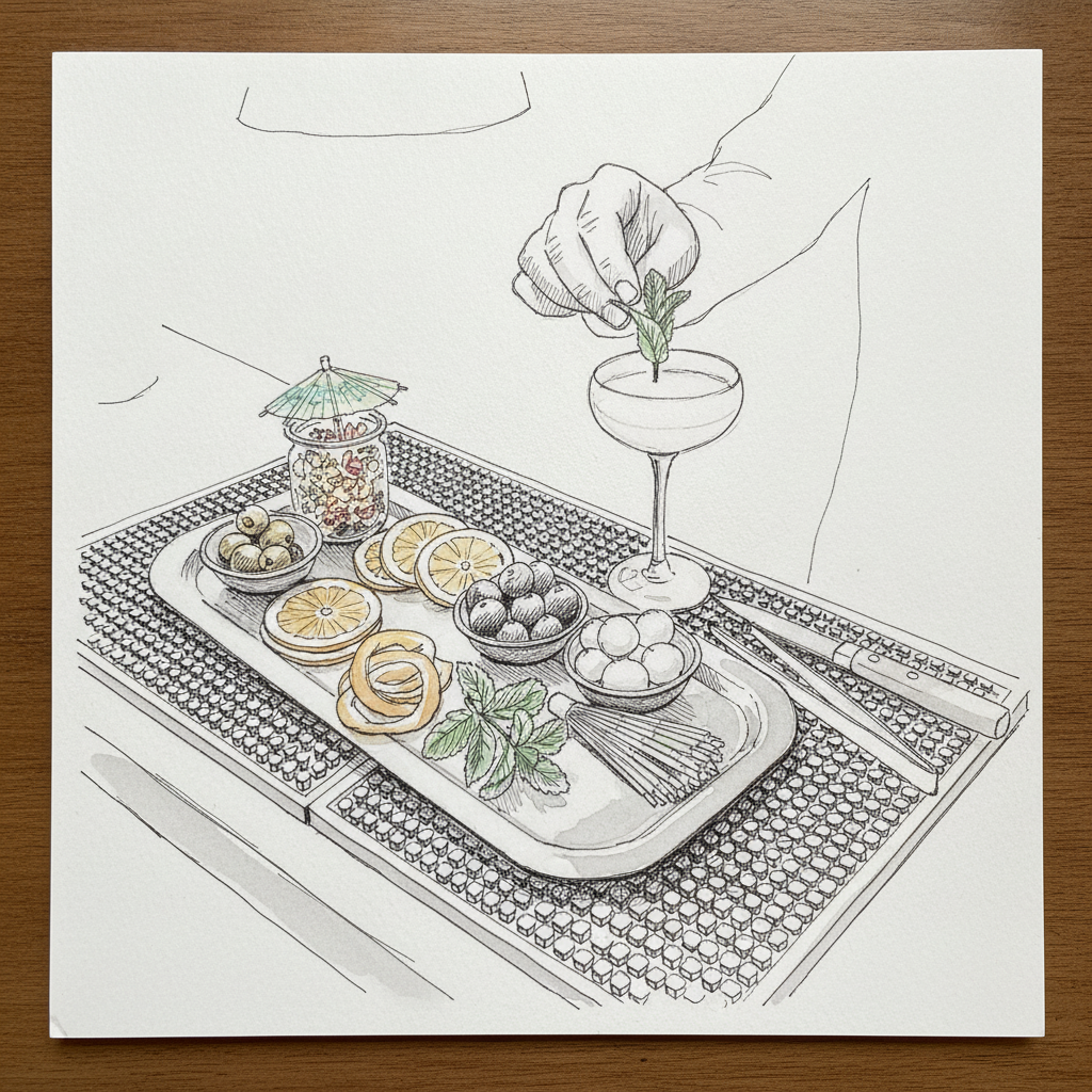 Cocktail garnishes on tray example 2