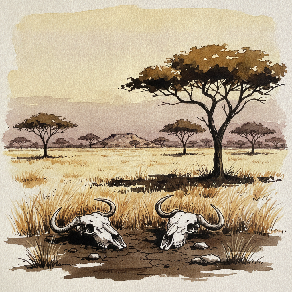 Dust-hazy afternoon Serengeti, central plains — heat shimmer panorama example 2