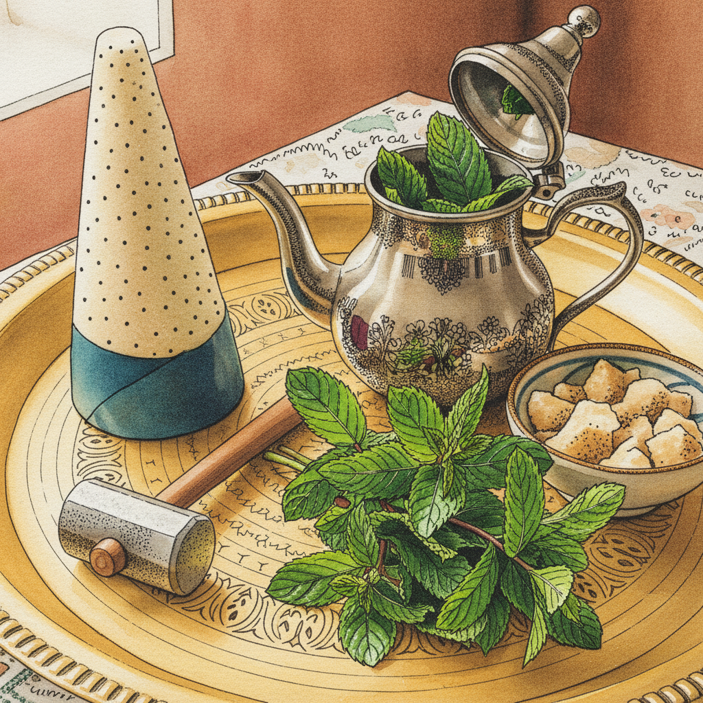 Sugar cone and mint sprigs beside the pot example 3