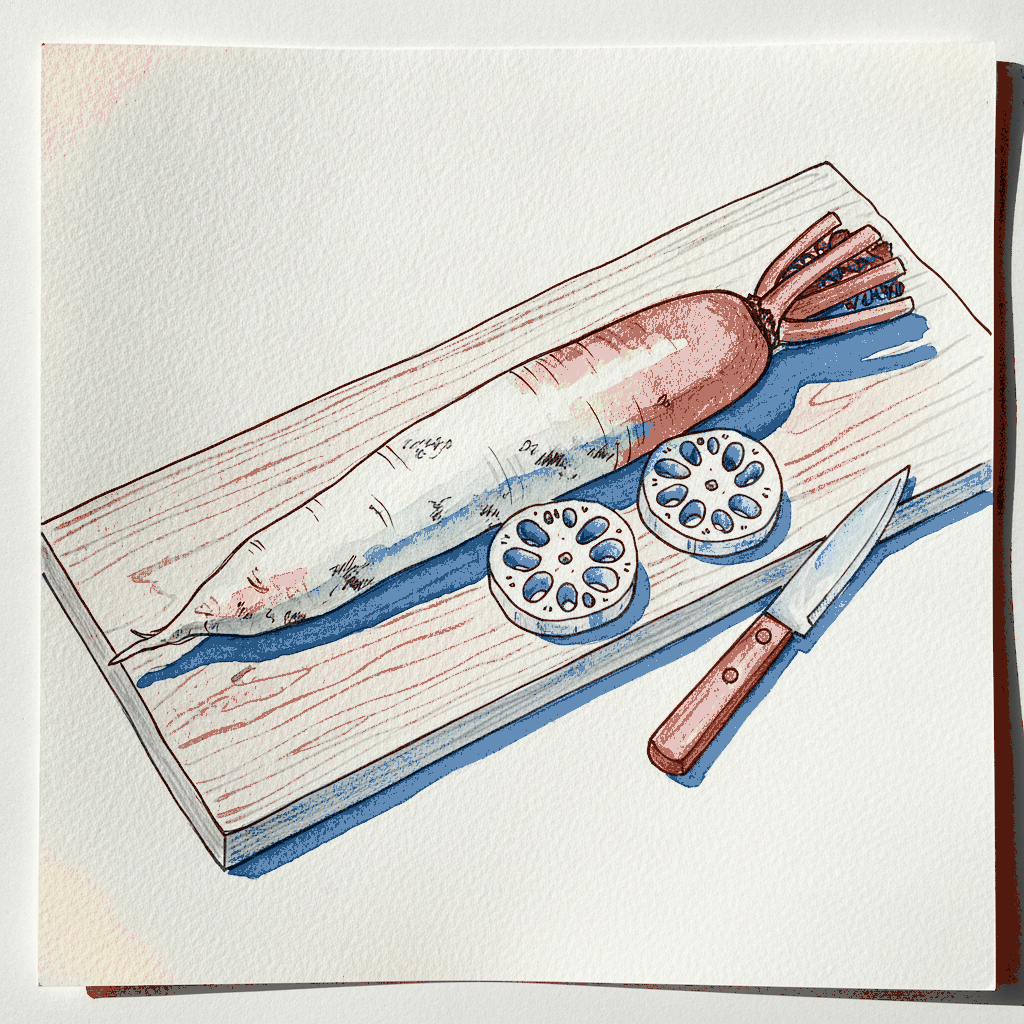 Daikon and lotus root on a wooden plank example 3
