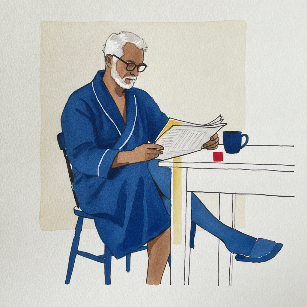 Man in bathrobe reading paper example 3