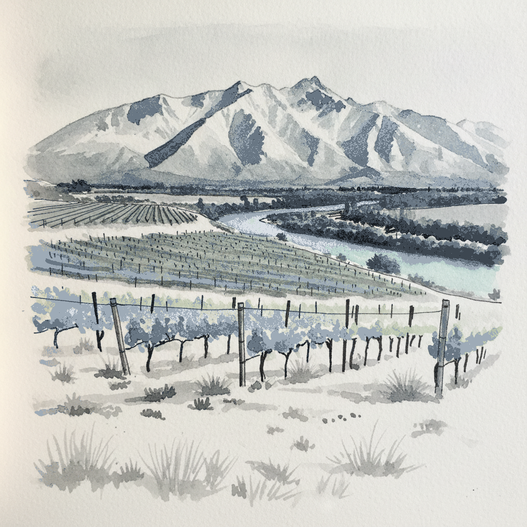 Central Otago Pinot with Pisa Range snow, New Zealand example 3