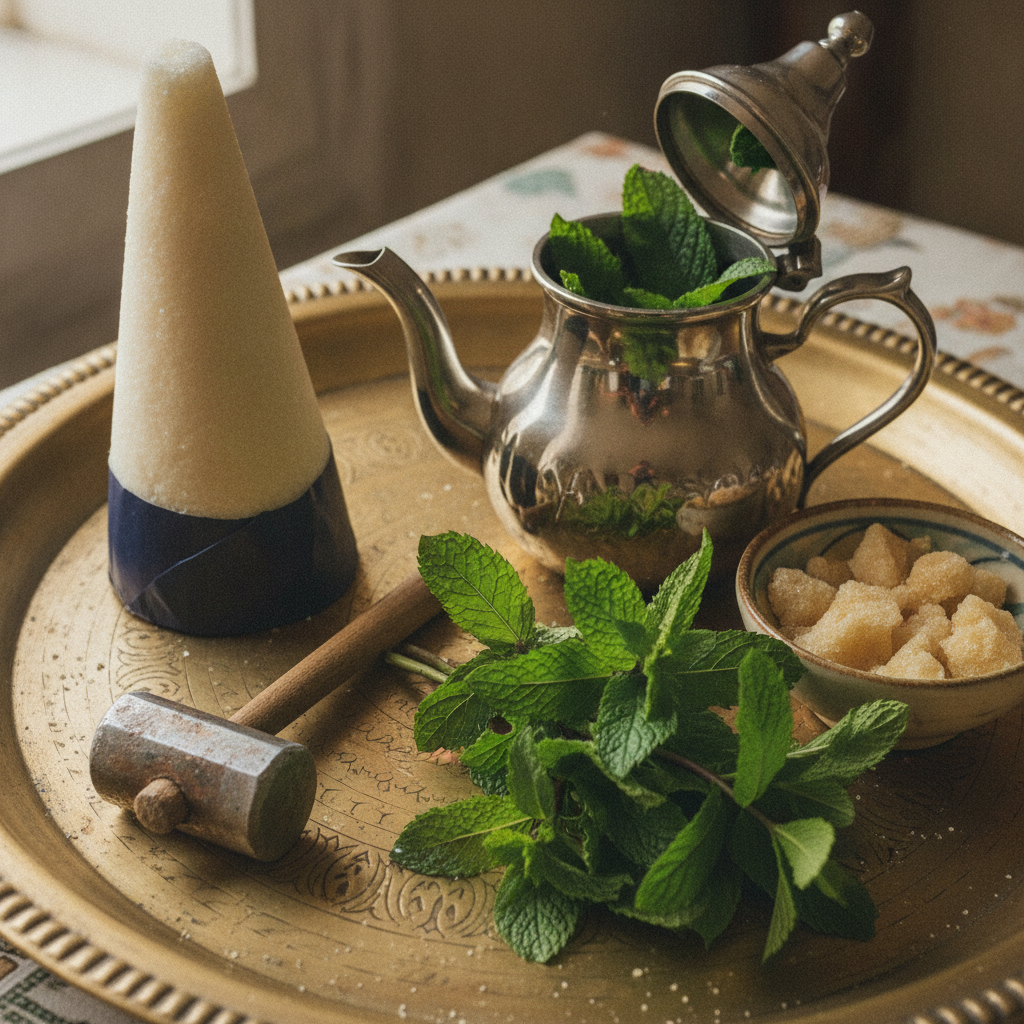 Sugar cone and mint sprigs beside the pot AI-generated photoreal reference