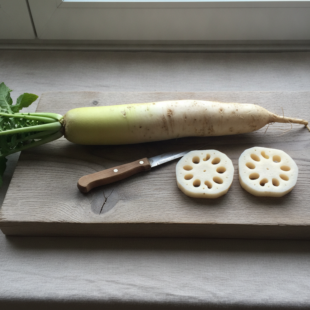 Daikon and lotus root on a wooden plank AI-generated photoreal reference