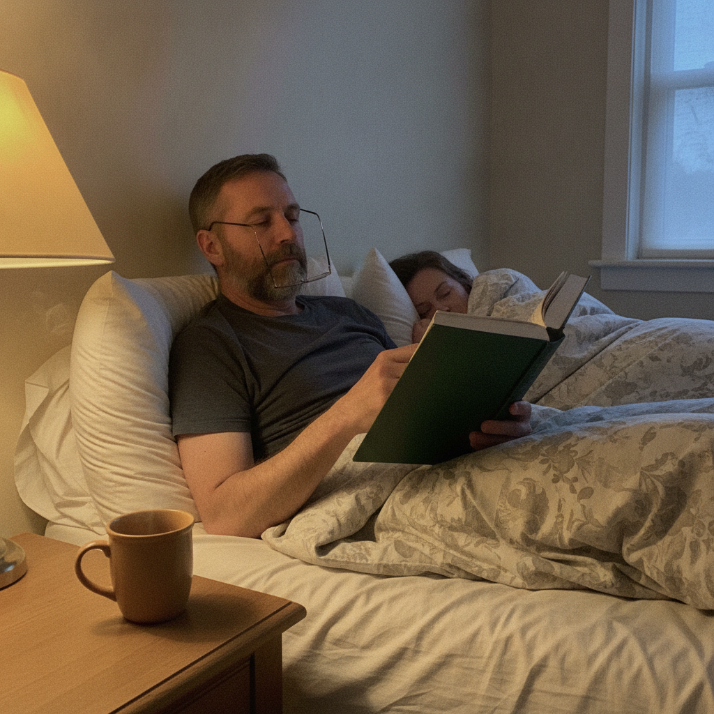Person reading to fall asleep AI-generated photoreal reference