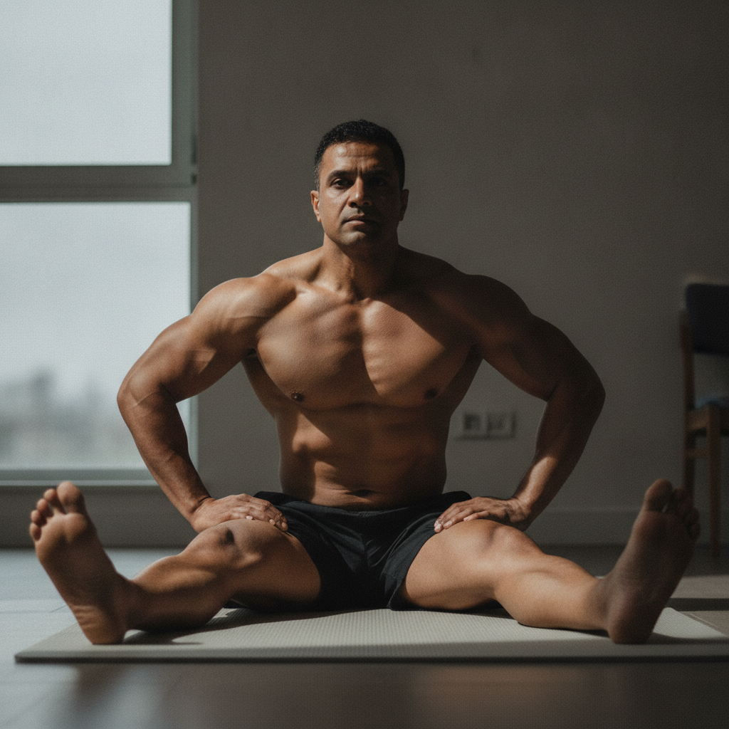 Wide Apart, Hands Pressing into Inner Knees AI-generated photoreal reference