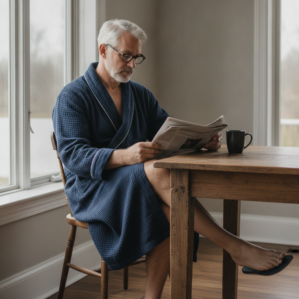 Man in bathrobe reading paper AI-generated photoreal reference