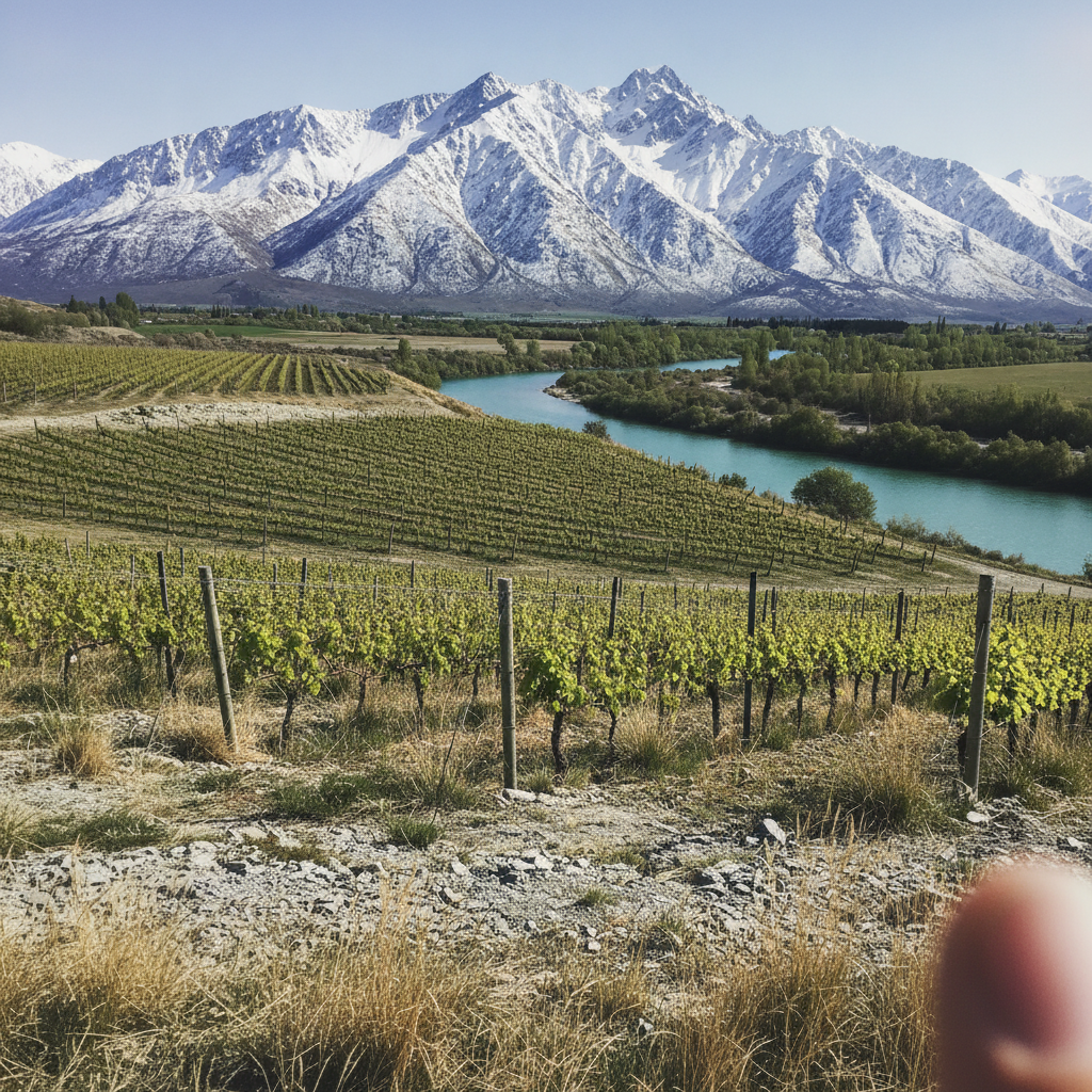 Central Otago Pinot with Pisa Range snow, New Zealand AI-generated photoreal reference
