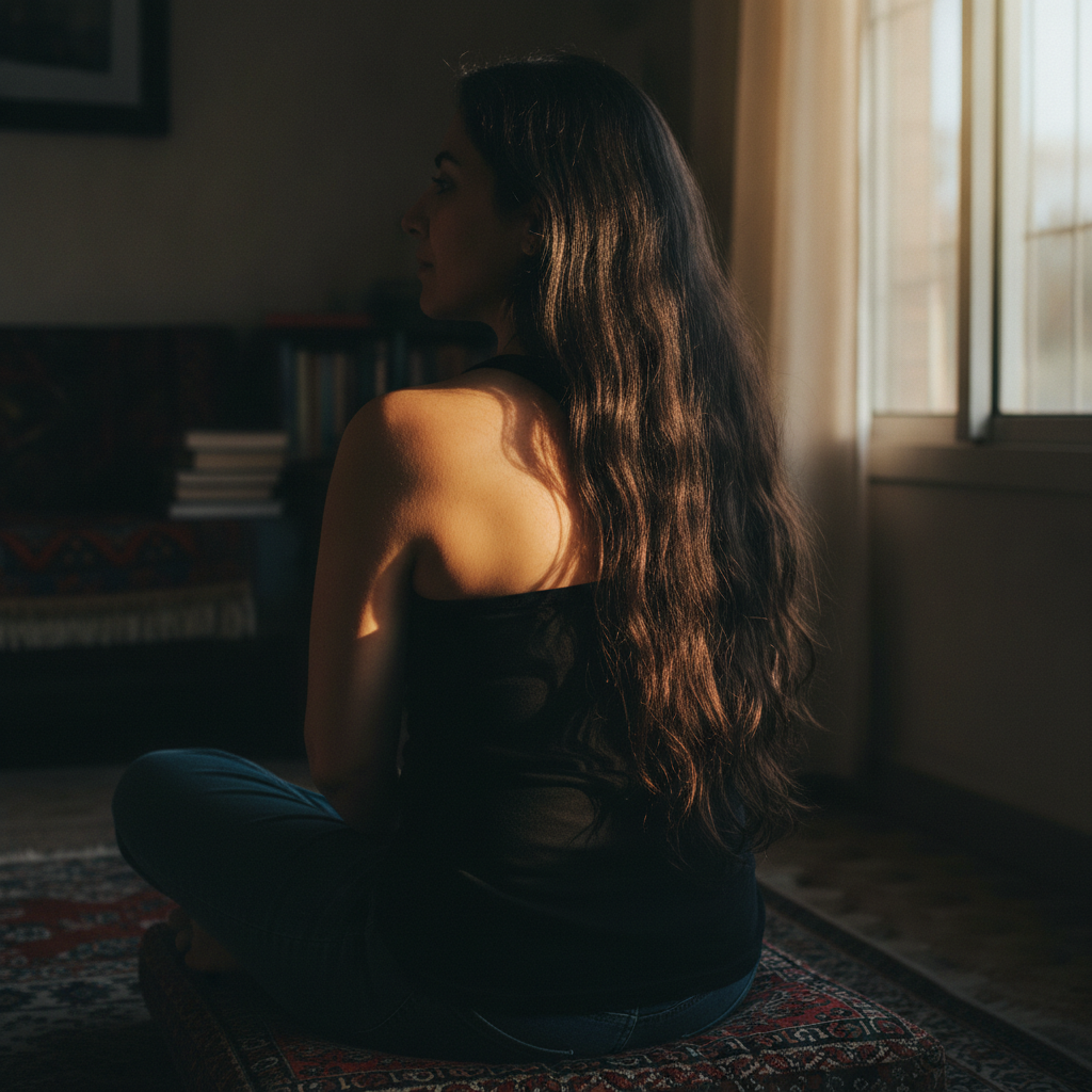 Persian woman 40s cross-legged, long hair down AI-generated photoreal reference