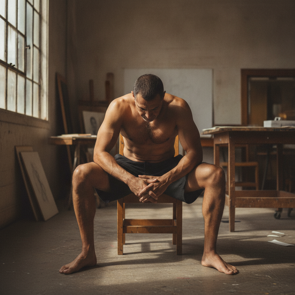 Seated leaning forward, elbows on knees AI-generated photoreal reference