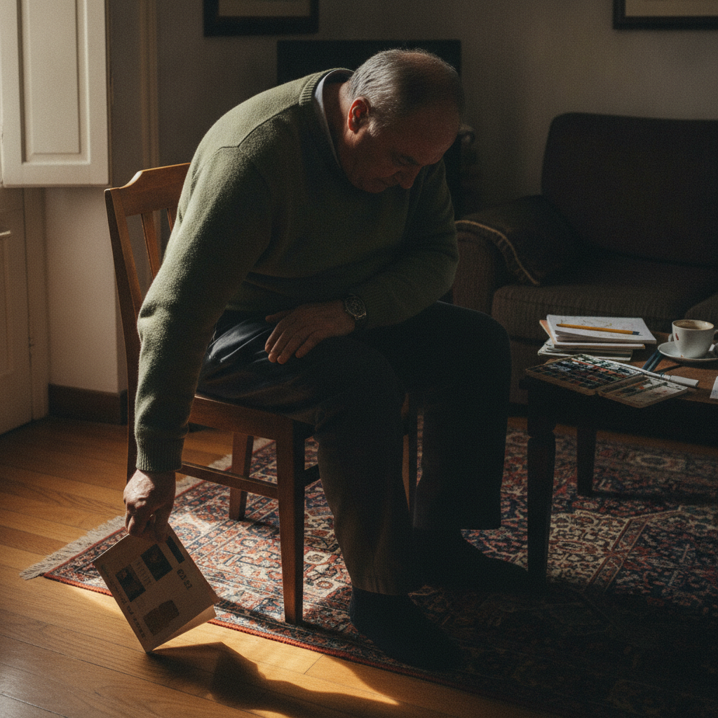 Seated chair lean with cross-body reach to floor AI-generated photoreal reference