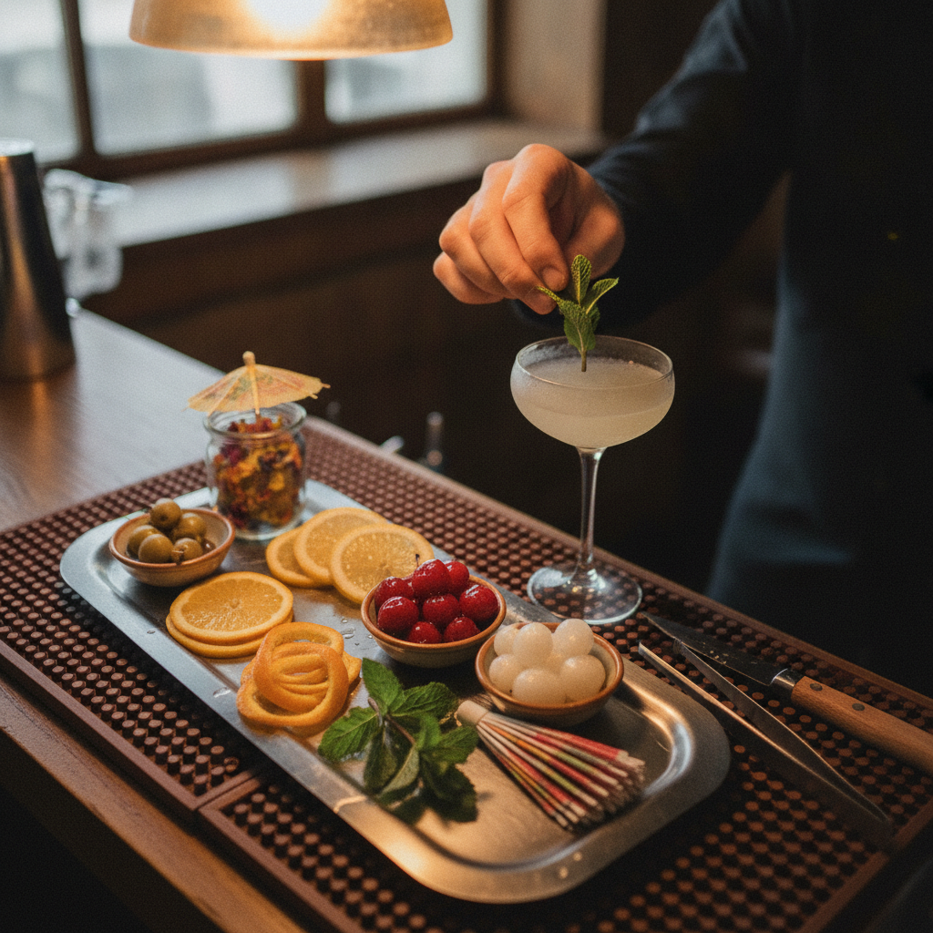 Cocktail garnishes on tray AI-generated photoreal reference