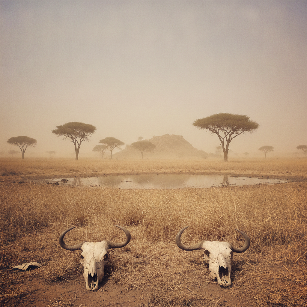Dust-hazy afternoon Serengeti, central plains — heat shimmer panorama AI-generated photoreal reference