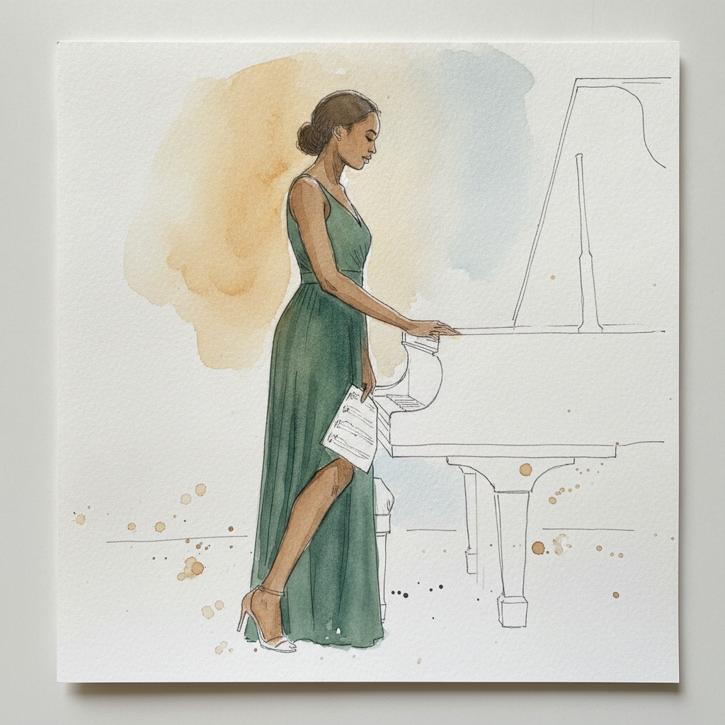 Woman, late 20s, Black, tall lean build, hand on the corner of a grand piano example 1