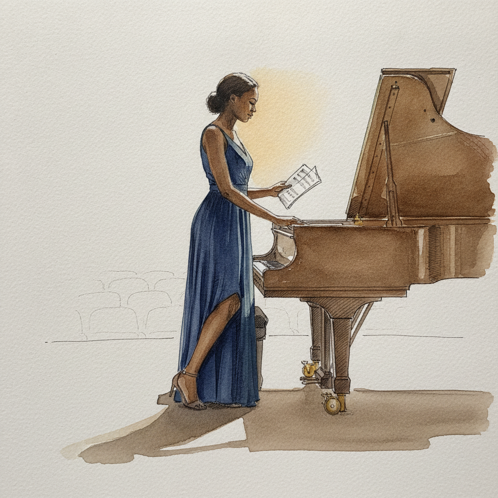 Woman, late 20s, Black, tall lean build, hand on the corner of a grand piano example 2
