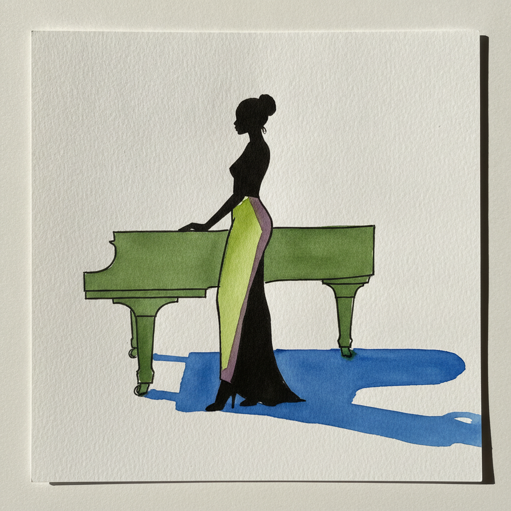 Woman, late 20s, Black, tall lean build, hand on the corner of a grand piano example 3