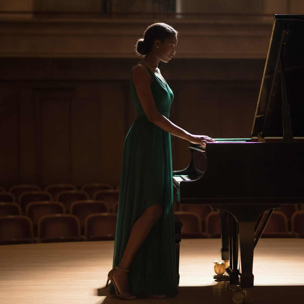 Woman, late 20s, Black, tall lean build, hand on the corner of a grand piano AI-generated photoreal reference