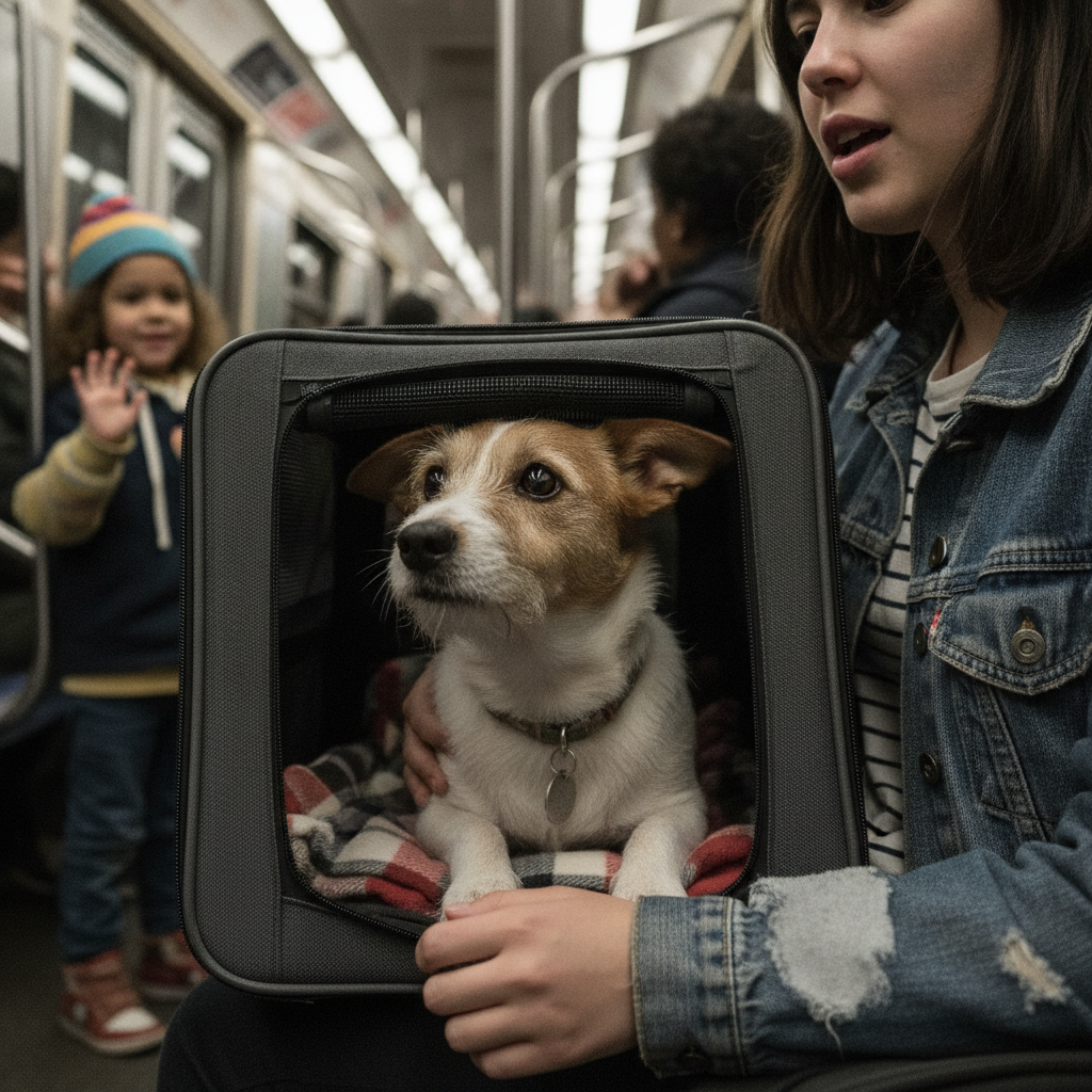 Dog in subway carrier AI-generated photoreal reference