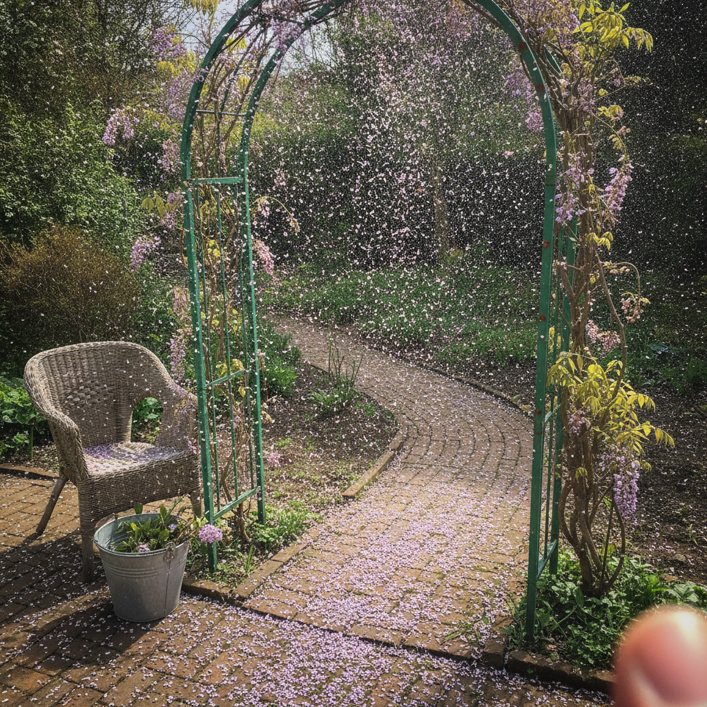 Petal storm under an arch in late May AI-generated photoreal reference