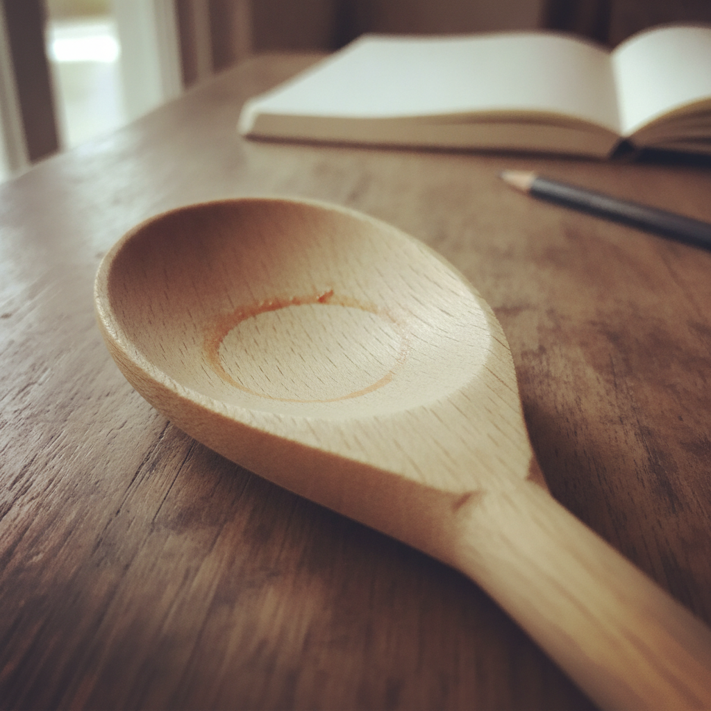 Beech Spoon Worn Smooth at Bowl AI-generated photoreal reference