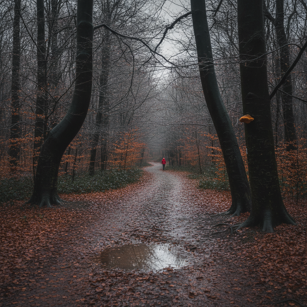 Beech Wood in Late November Rain AI-generated photoreal reference