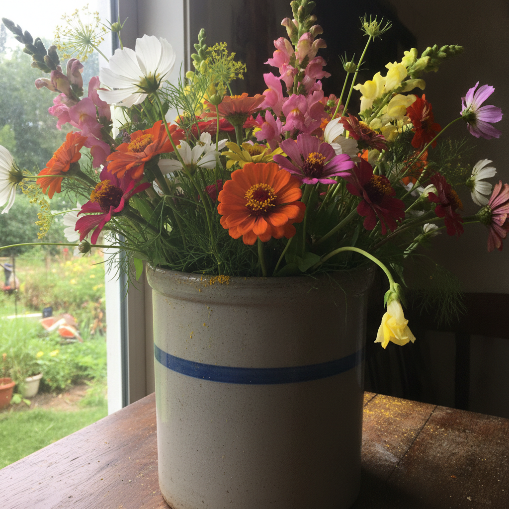 Stoneware crock, tumbling garden AI-generated photoreal reference