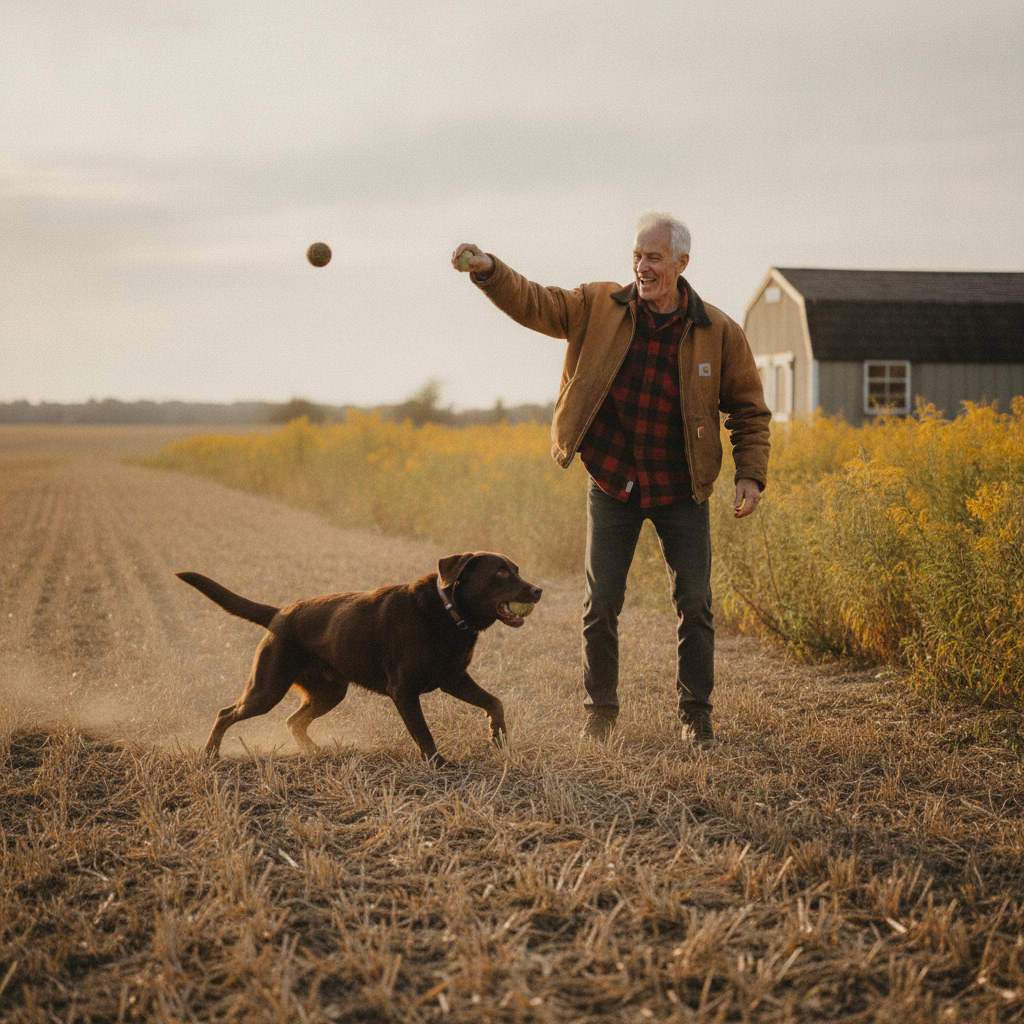 Person throwing ball for dog AI-generated photoreal reference