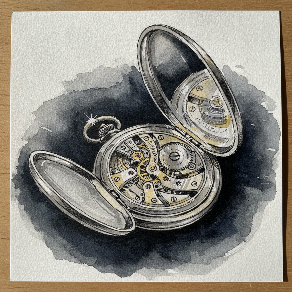 Skeleton pocket watch back open example 1