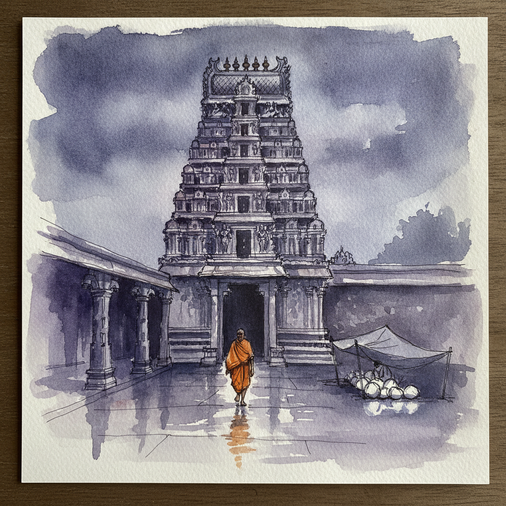 Rameshwaram gopuram in evening monsoon light example 1