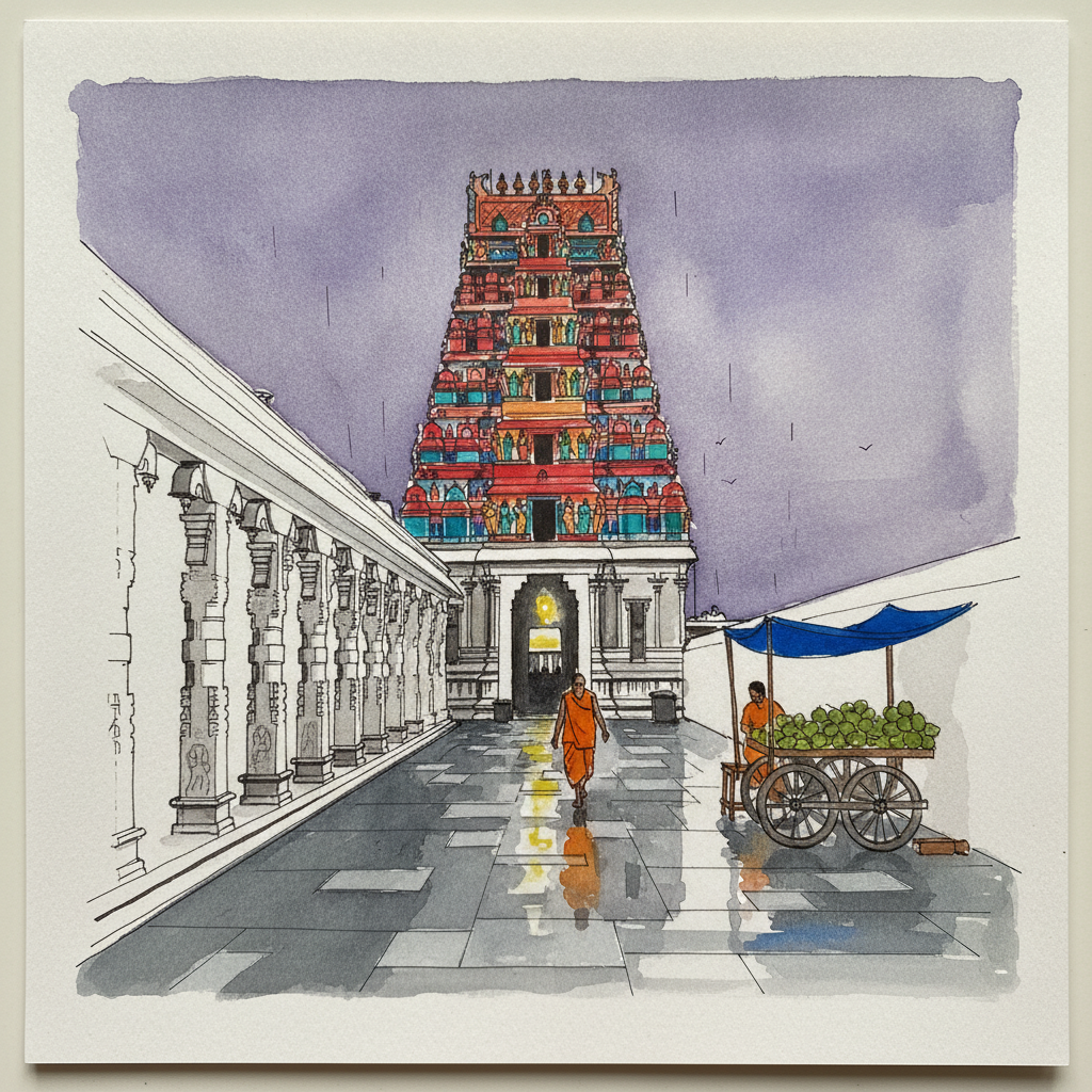 Rameshwaram gopuram in evening monsoon light example 2