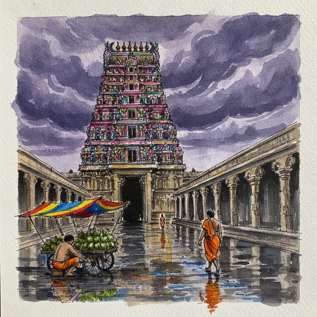 Rameshwaram gopuram in evening monsoon light example 3