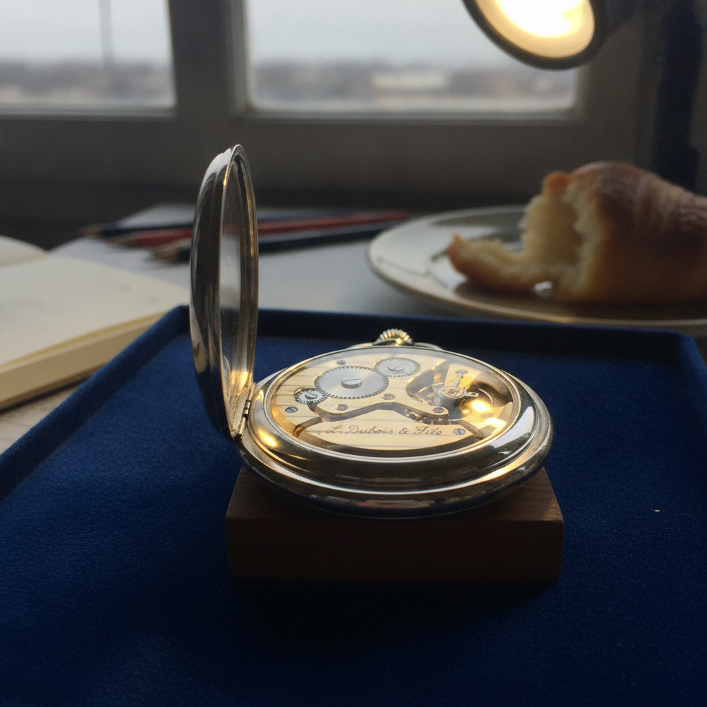 Skeleton pocket watch back open AI-generated photoreal reference