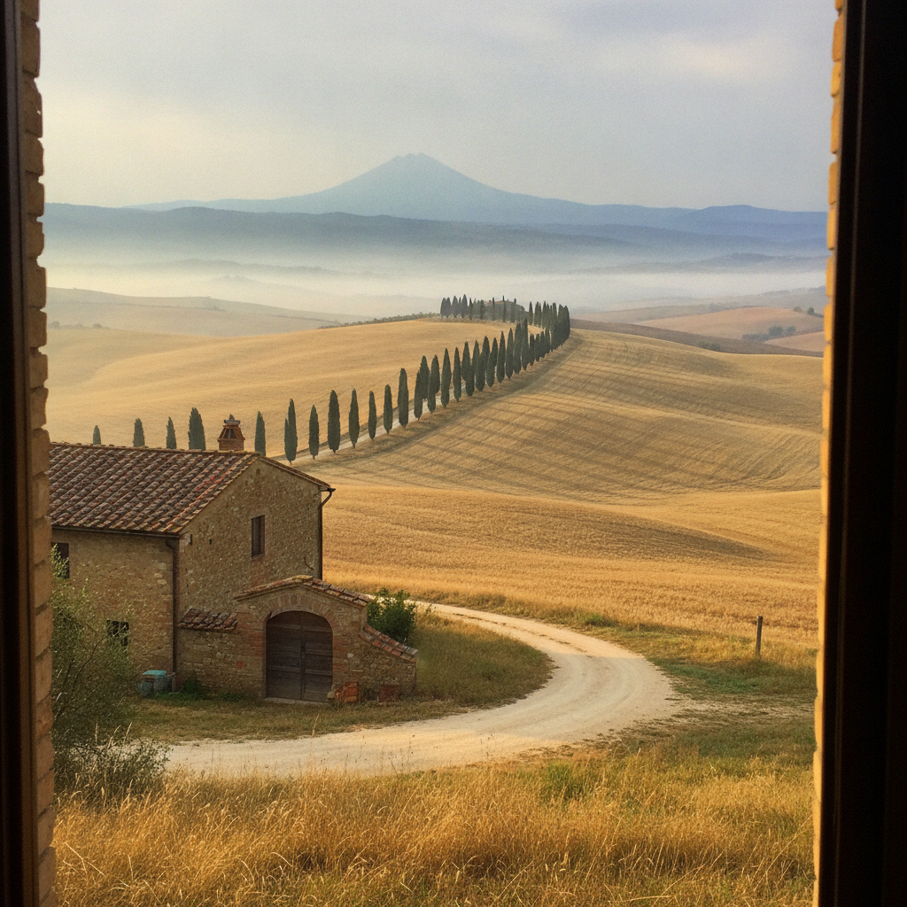 Val d'Orcia at Dawn, Tuscany, Italy AI-generated photoreal reference